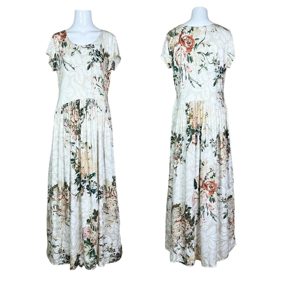 Peruvian Connection | Antique Floral Print Short Sleeve Soft Cream Midi Dress M - Picture 10 of 10